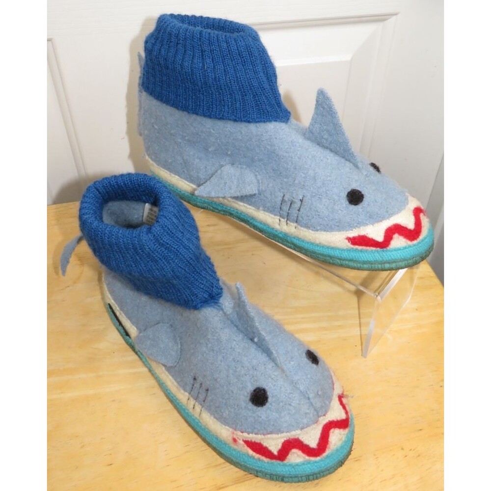 Garnet Hill Shark Boiled Wool Kids Slippers Haflinger Blue Youth Size 3